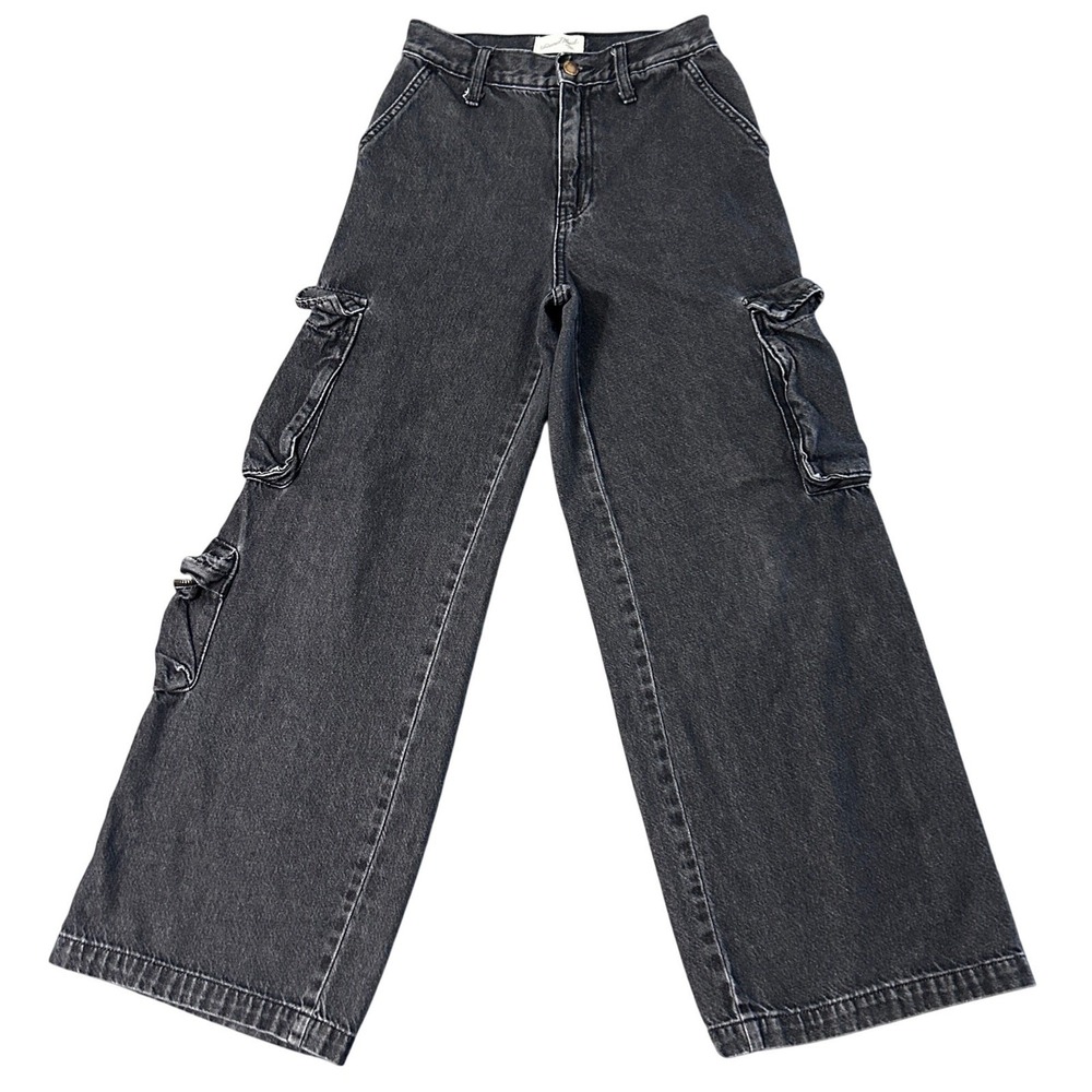 Universal Thread Wide Leg Baggy Cargo Jeans Womens 2R Black High Rise 25x29